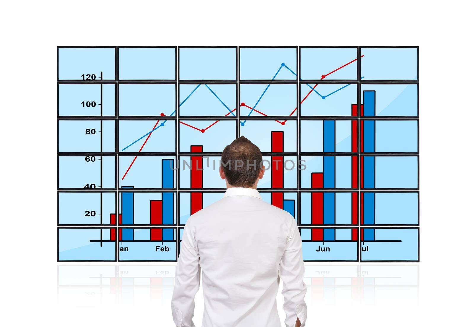 businessman looking on flat panels with growth chart