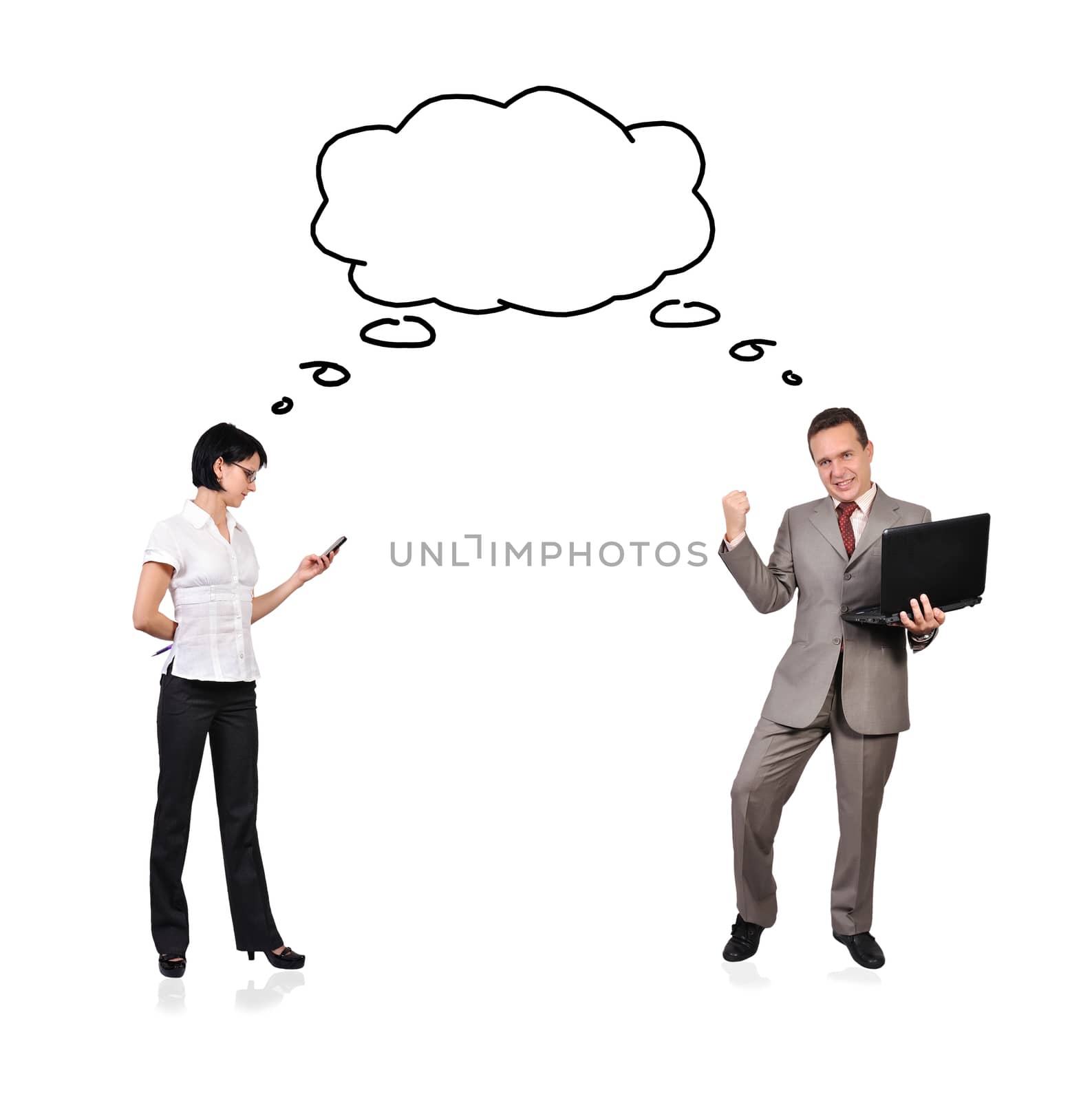 businessman and woman with cloud over head