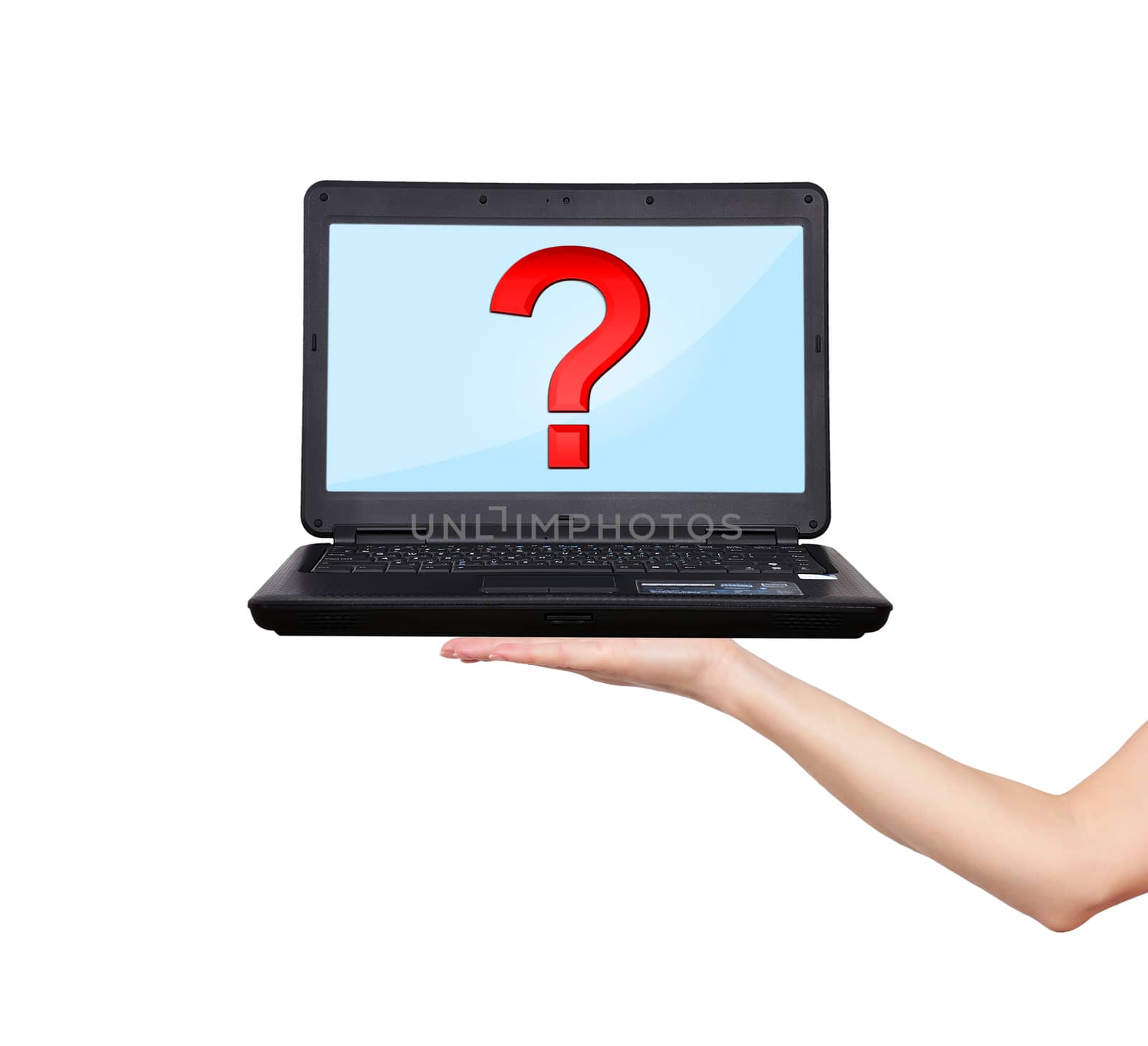 laptop with question mark  in hand