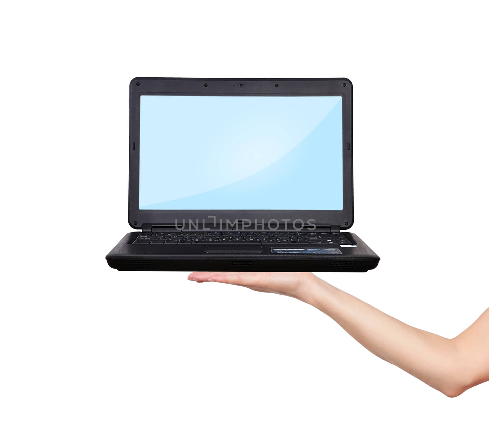 hand holding laptop on a white background