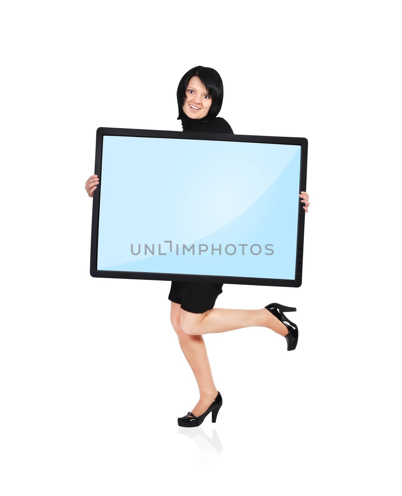 woman holding panel on white background