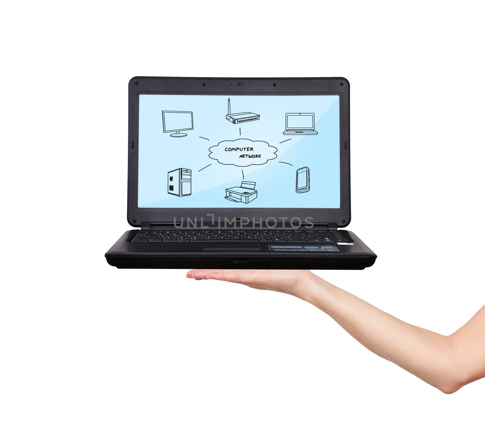 hand holding laptop with computer network scheme