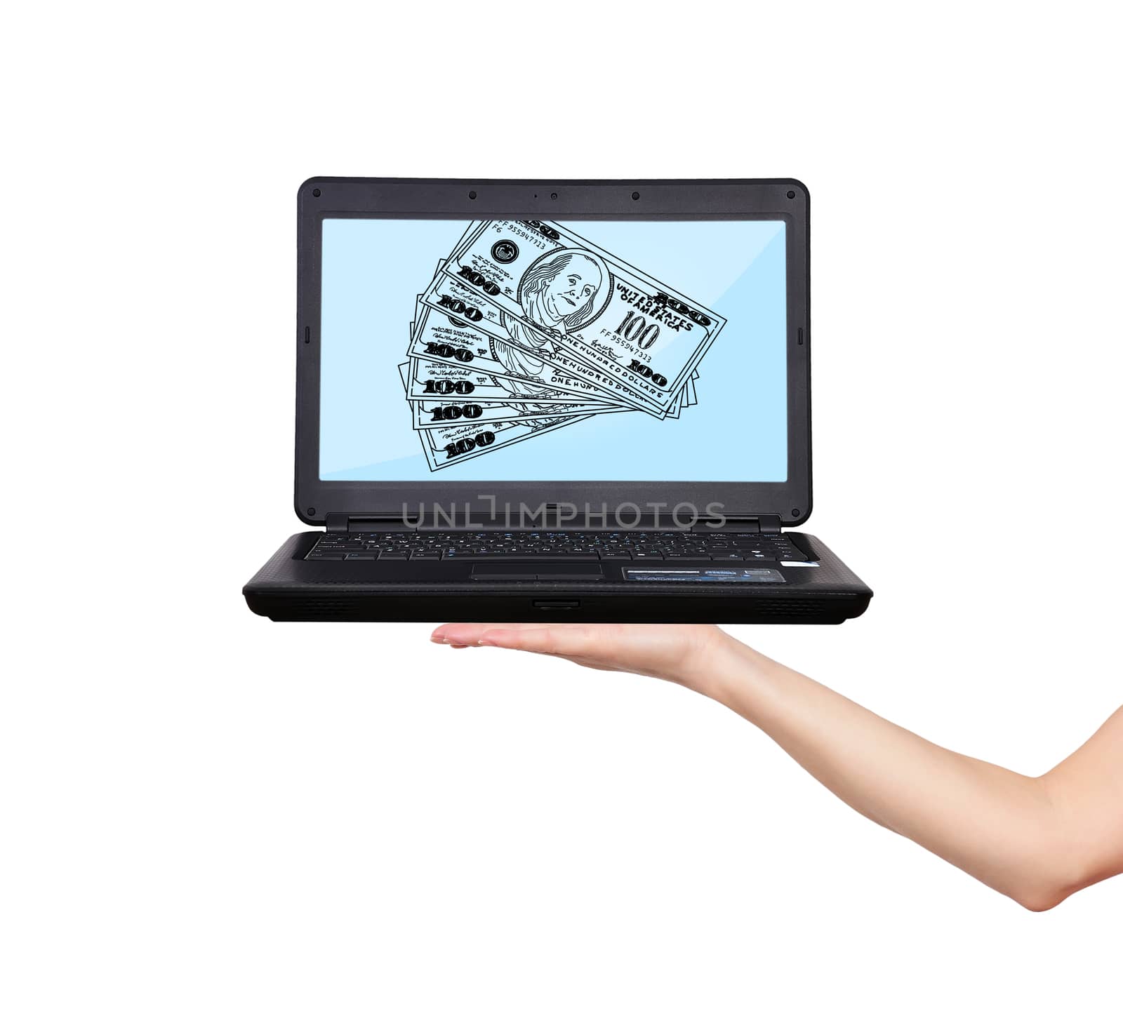 laptop with dollars on screen in hand