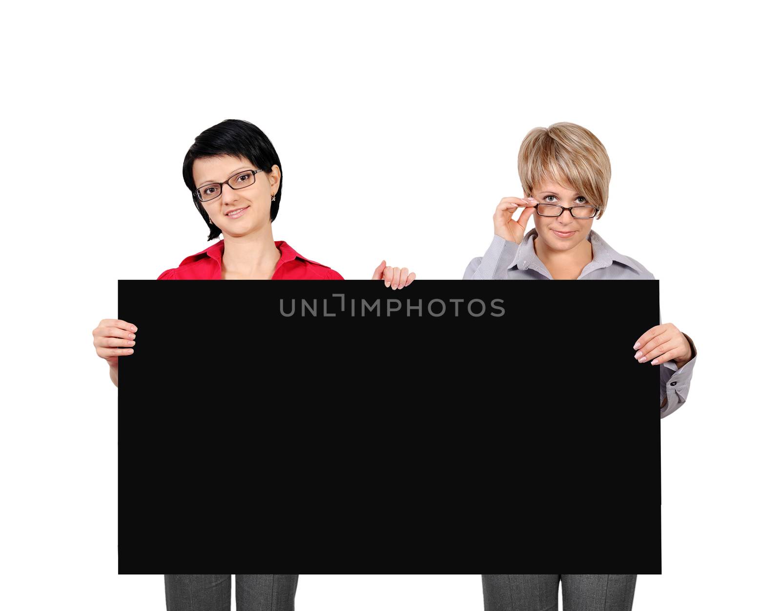 two woman holding blank billboard