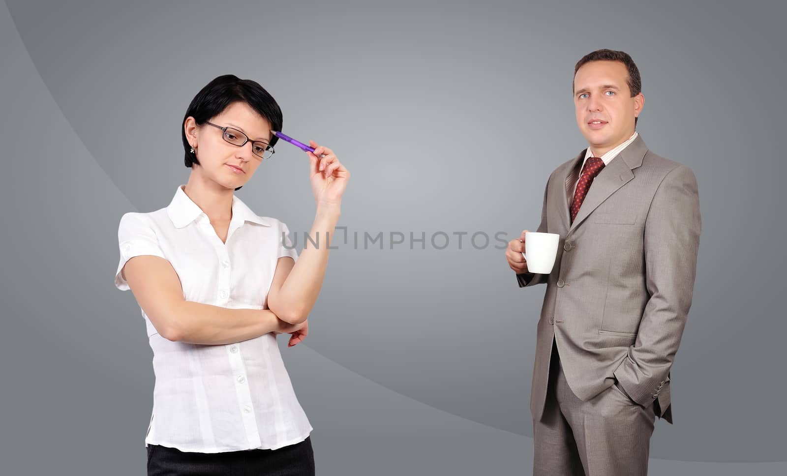 businessman with cup and thinking woman