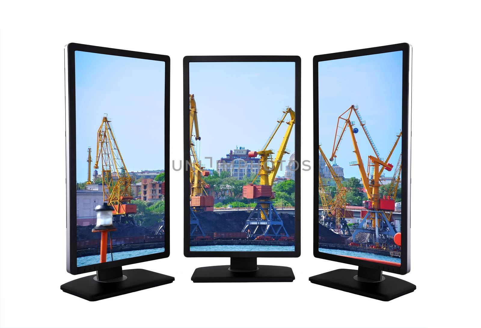 flat panels with tower cranes in port
