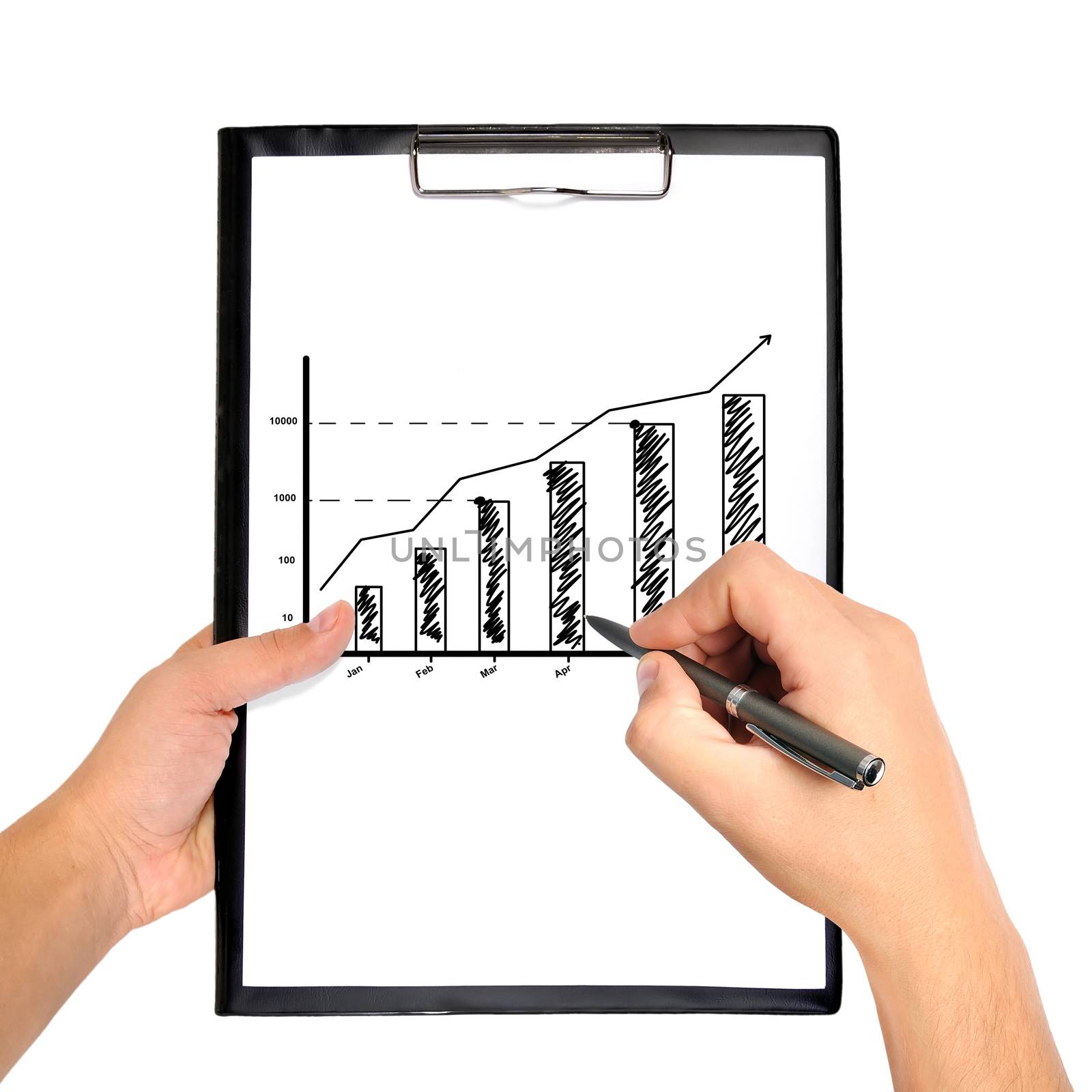 hand drawing pie chart on clipboard