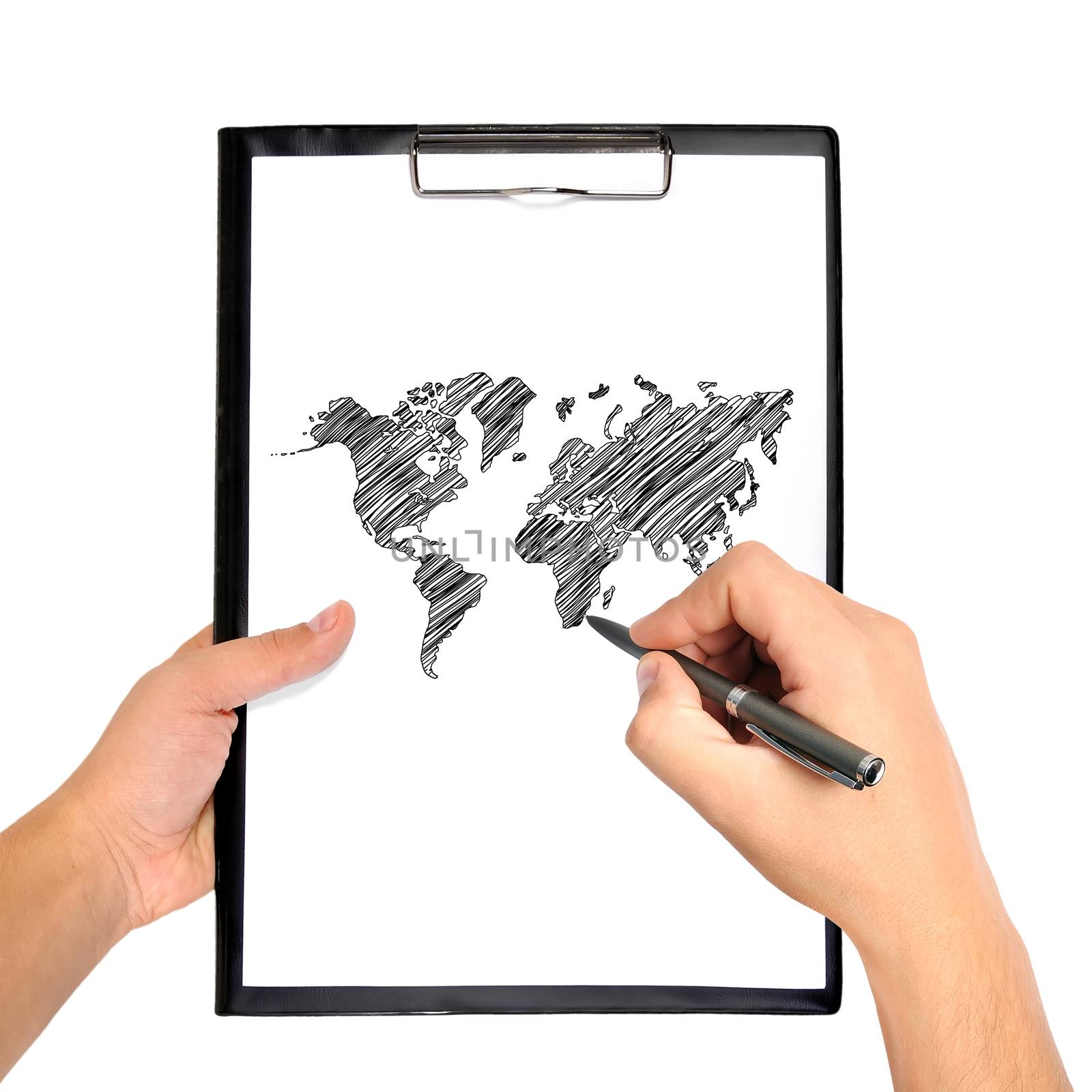 hand drawing world map on clipboard