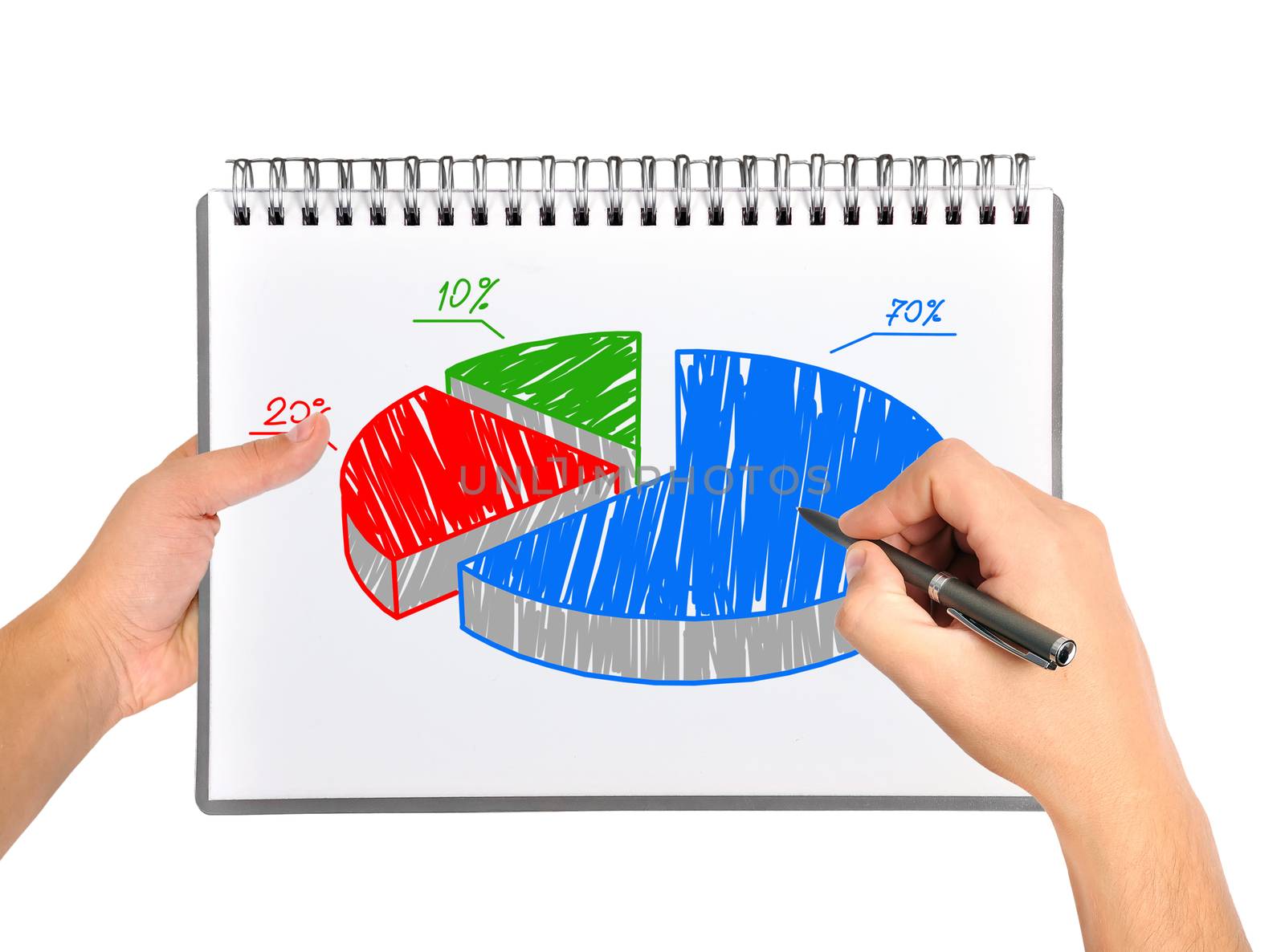 hand drawing pie graph in notebook
