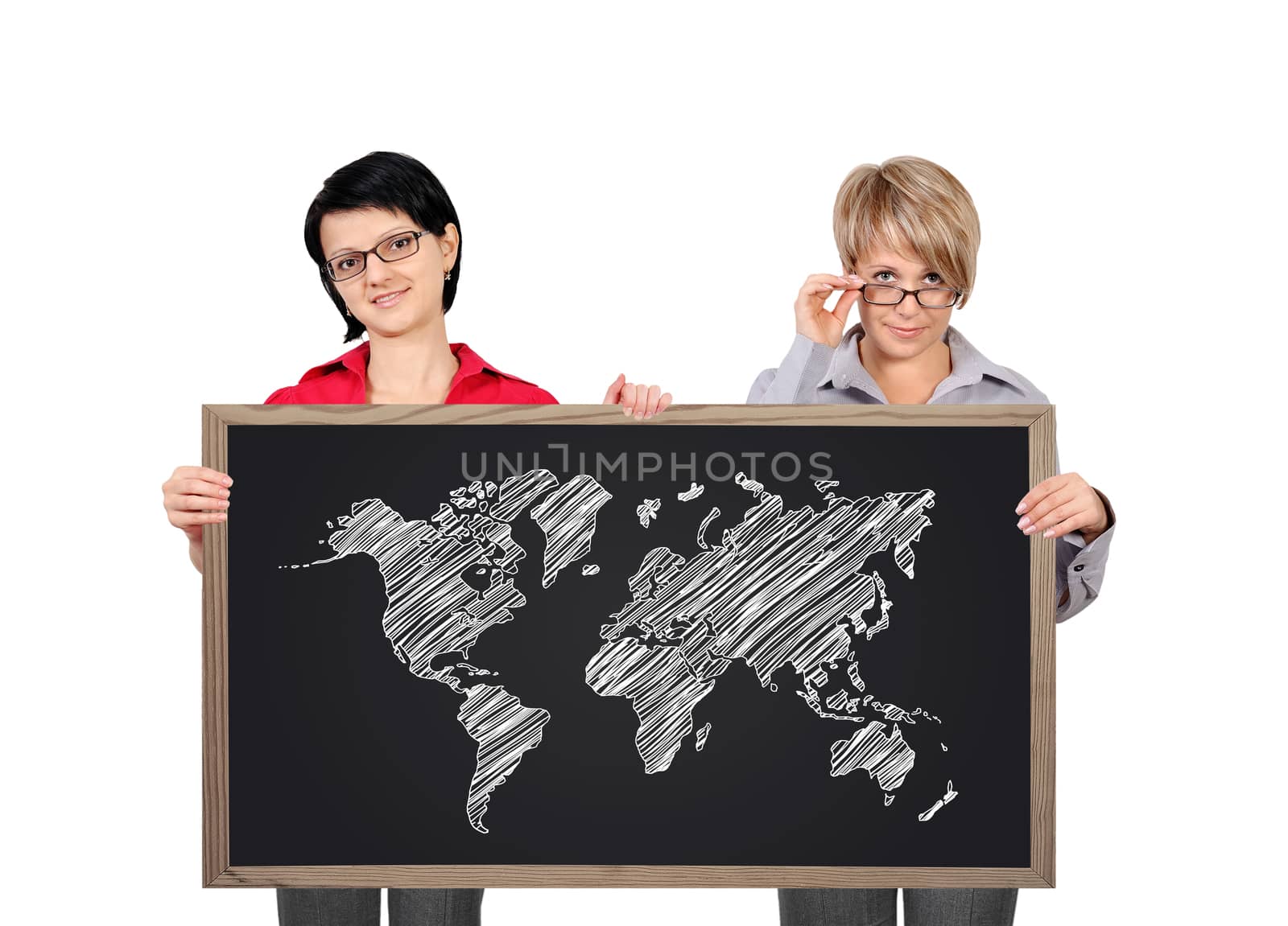 two businesswoman holding a blackboard with world map