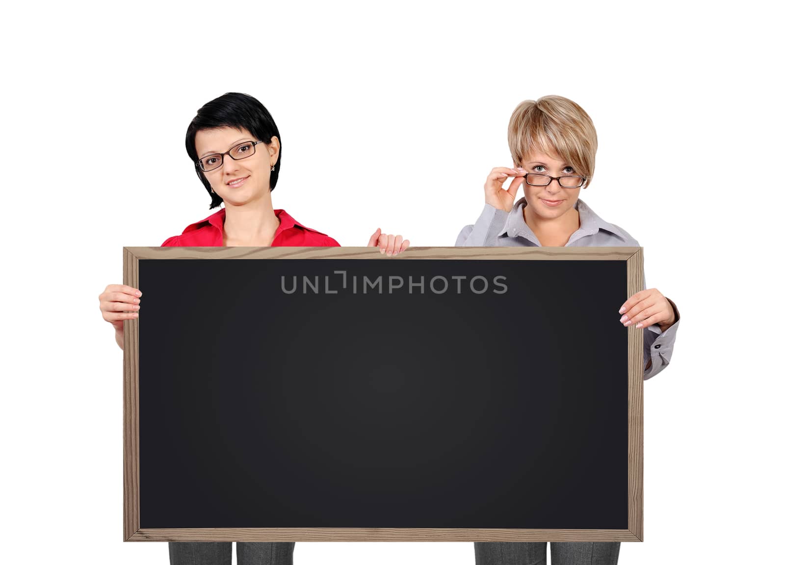 two businesswoman holding blank  blackboard