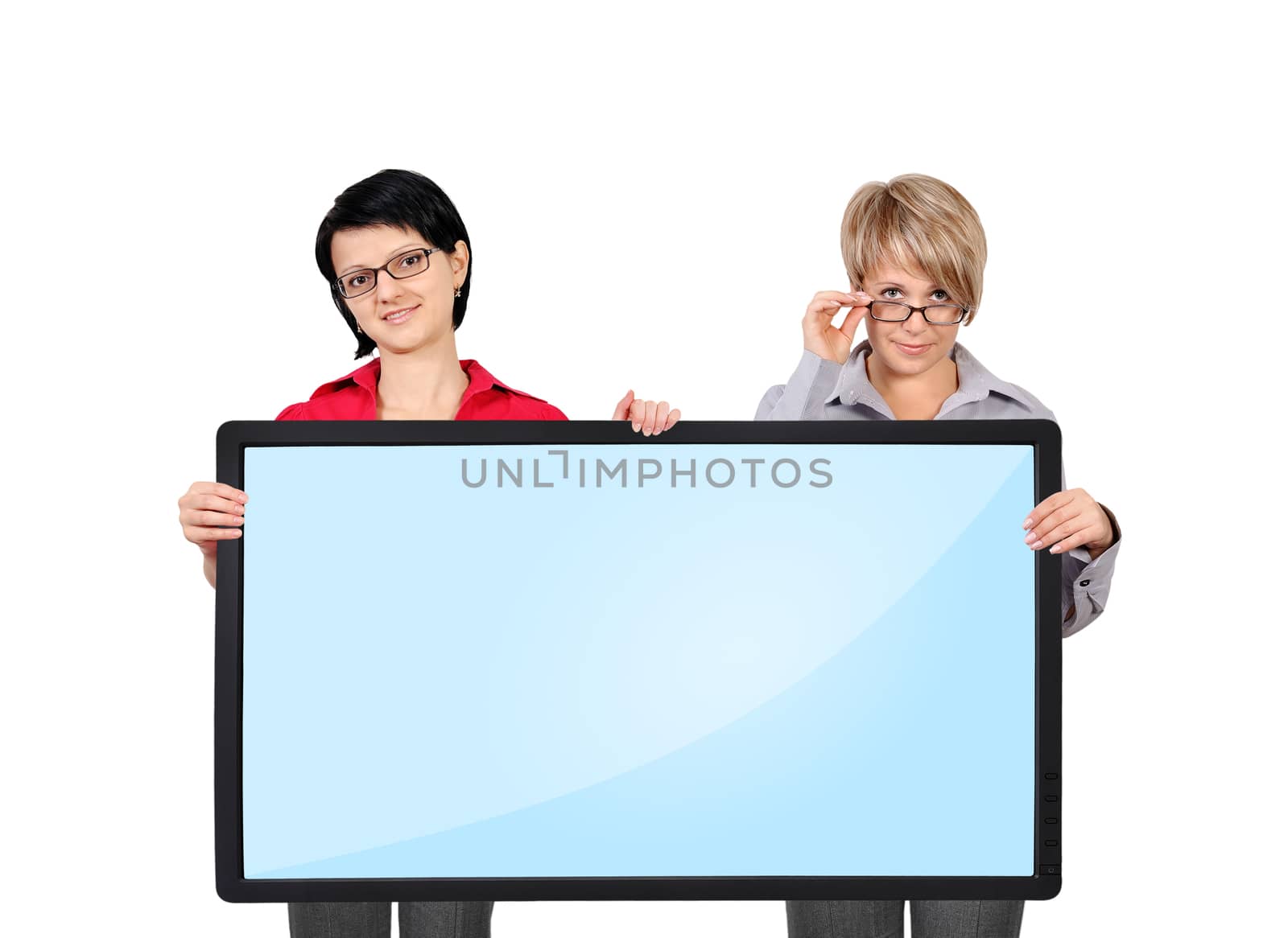 two woman holding blank panel