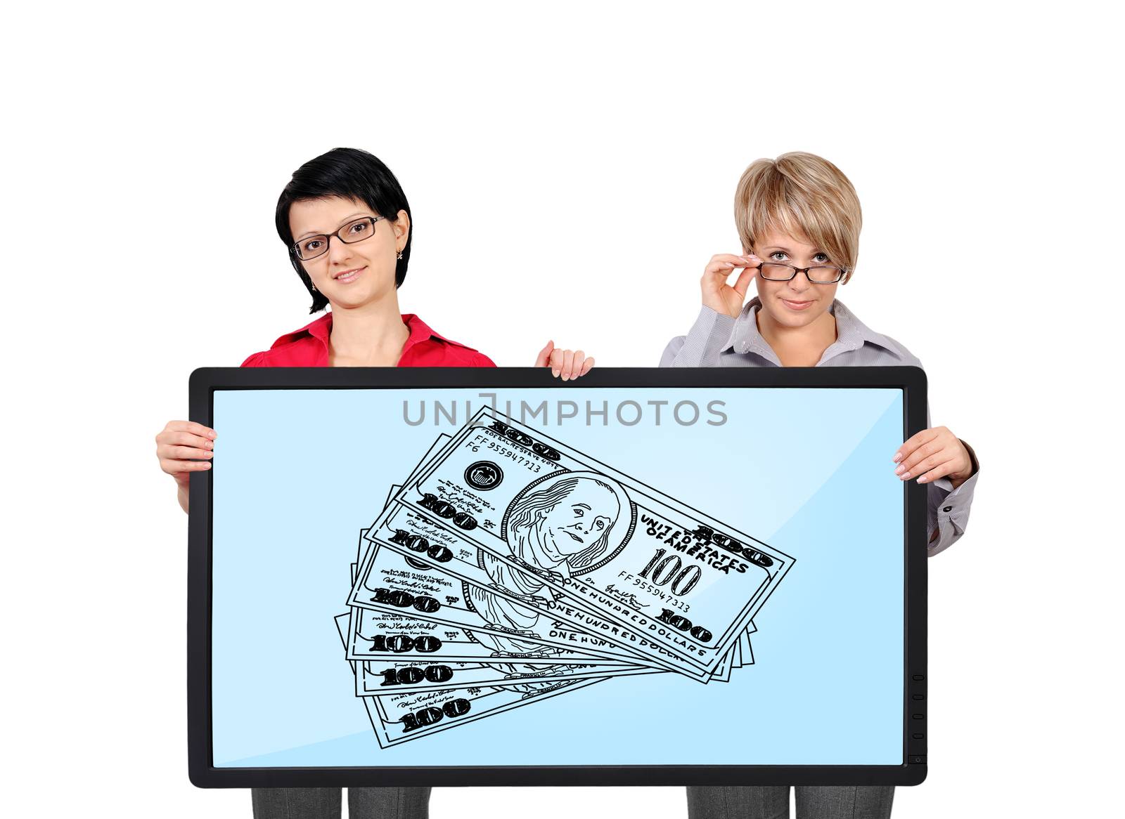 two woman holding plasma with dollars