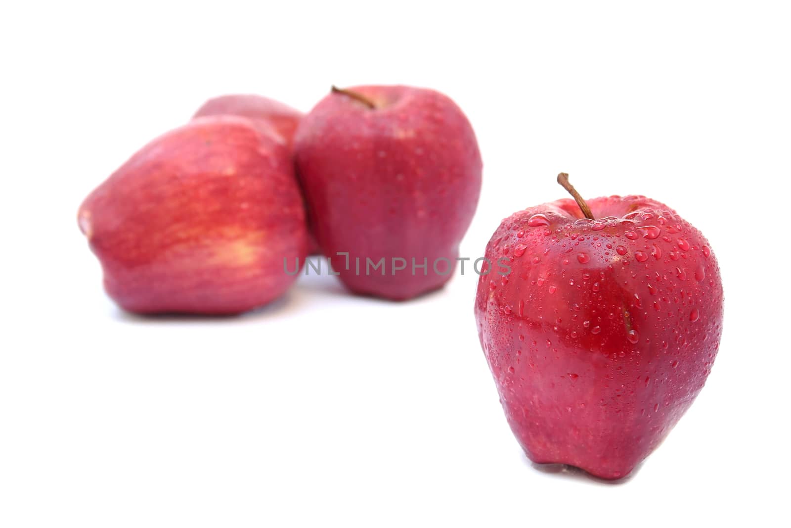 Close up one red apple with selective focus isolated on white background