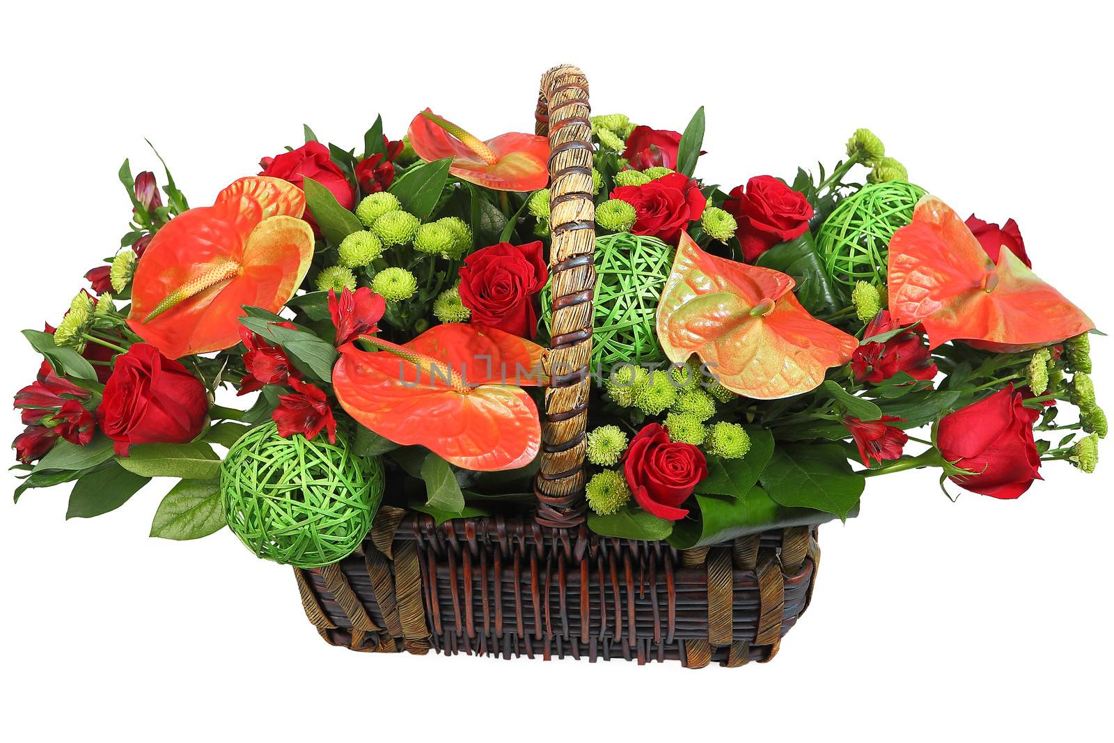 Flowers in a basket, red anthurium, chrysanthemum green, rose. by grigvovan