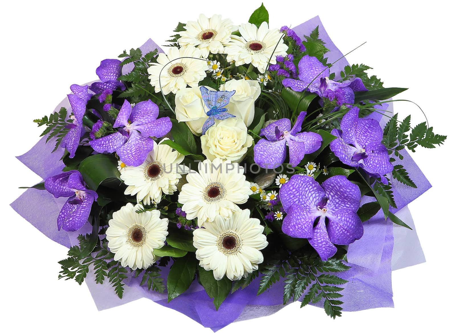 A bouquet of flowers the violet orchid, white rose, white roses and Rumohra.