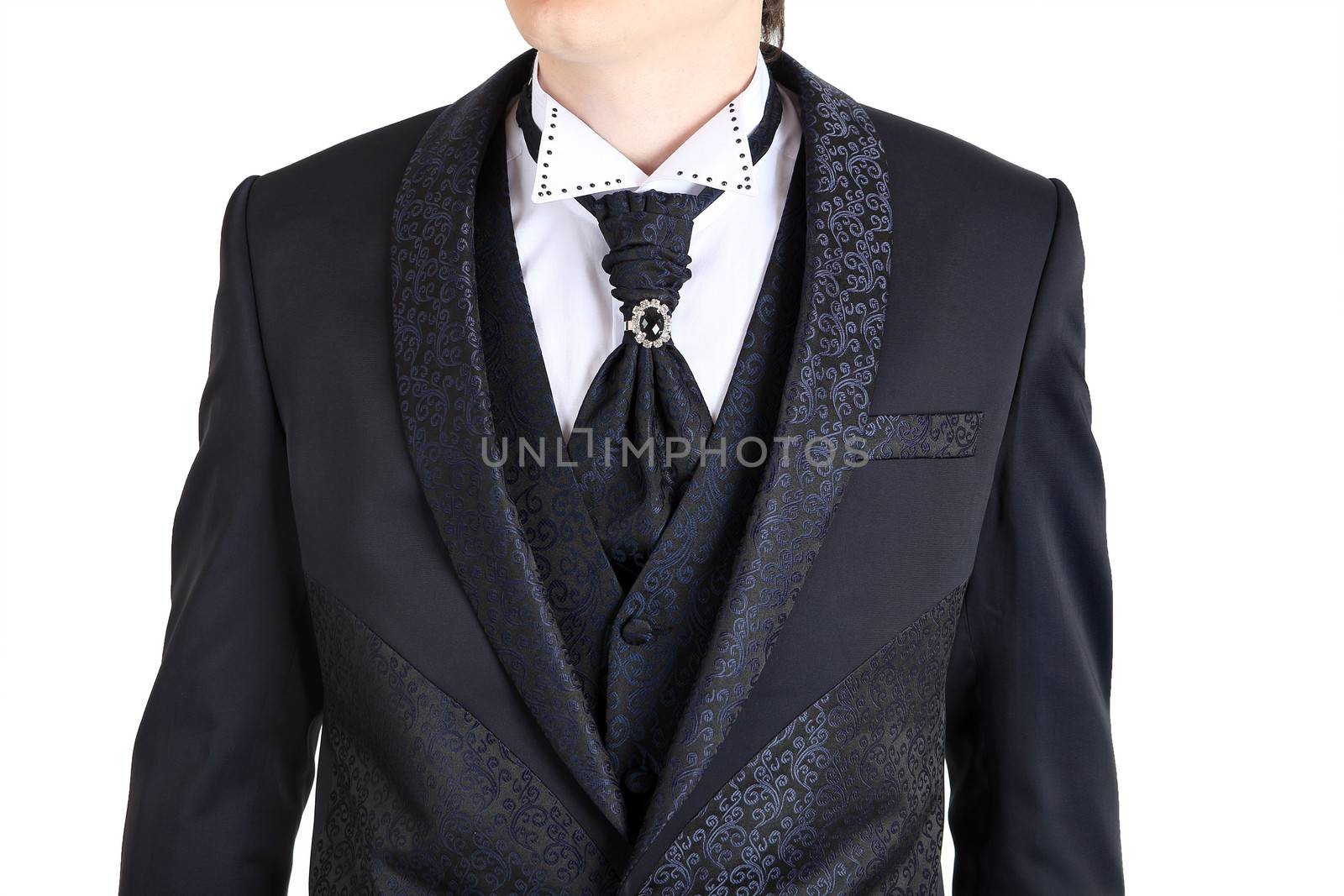 Dark gray mens wedding suit, printed with flowers, one button, cravat on the clip. Beautiful mens suit with a vest, for prom, formal dinner, prom evening.