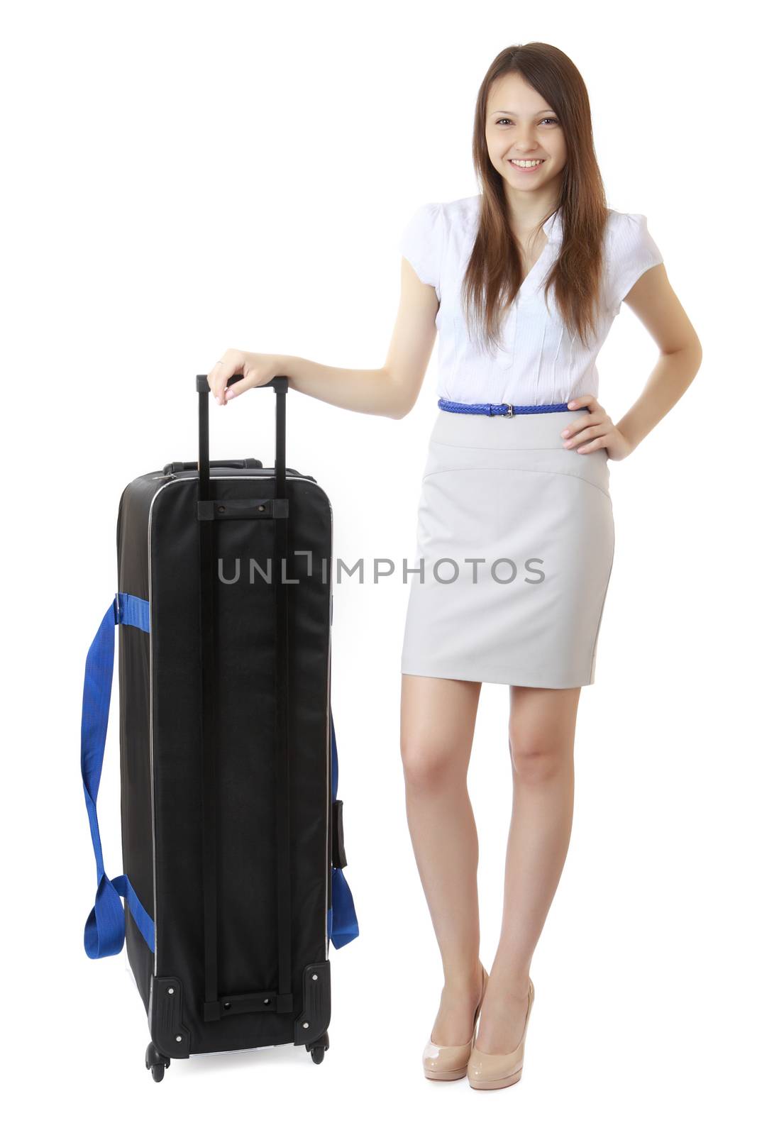 16 years old teenager girl standing next to a large black suitcase road. A girl in a skirt to the knee. One person, teenager, female, vertical image, isolated on white background. by grigvovan