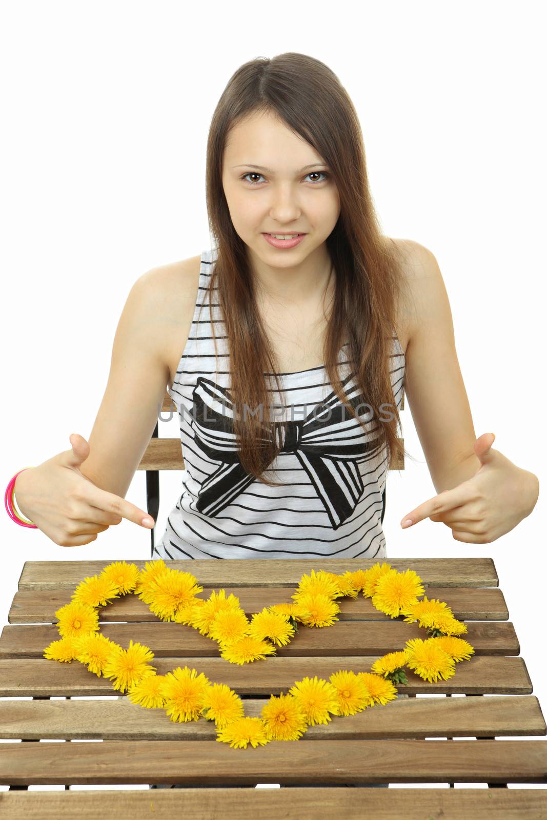 The girl gathered on the table image of the heart of yellow dandelion flowers. Teen girl amounted a great heart of yellow wildflowers. One person, Caucasian, female, 16 years old teenager, vertical image, isolated on white background.