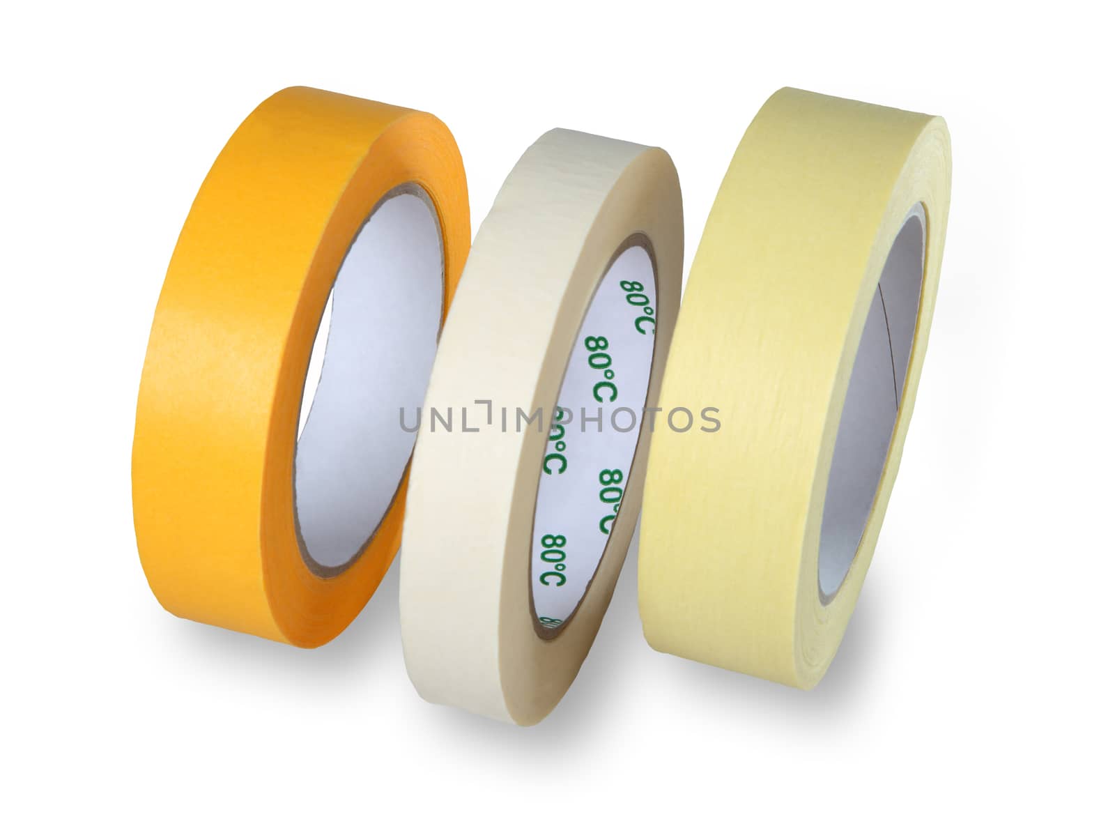 Three rolls of narrow paper tape in white, yellow and brown, isolated on white background, with the drawn shade. by grigvovan