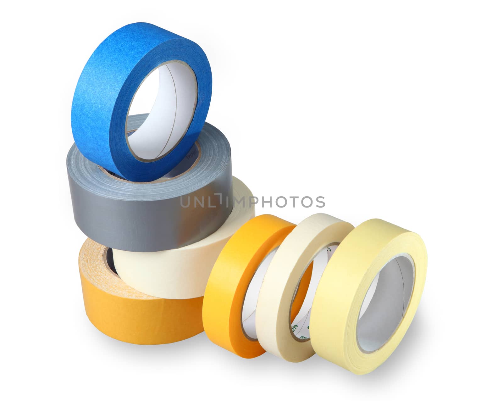 Seven coils colored adhesive tape on paper and polymer-based, isolated image on a white background, horizontal arrangement with painted shade.