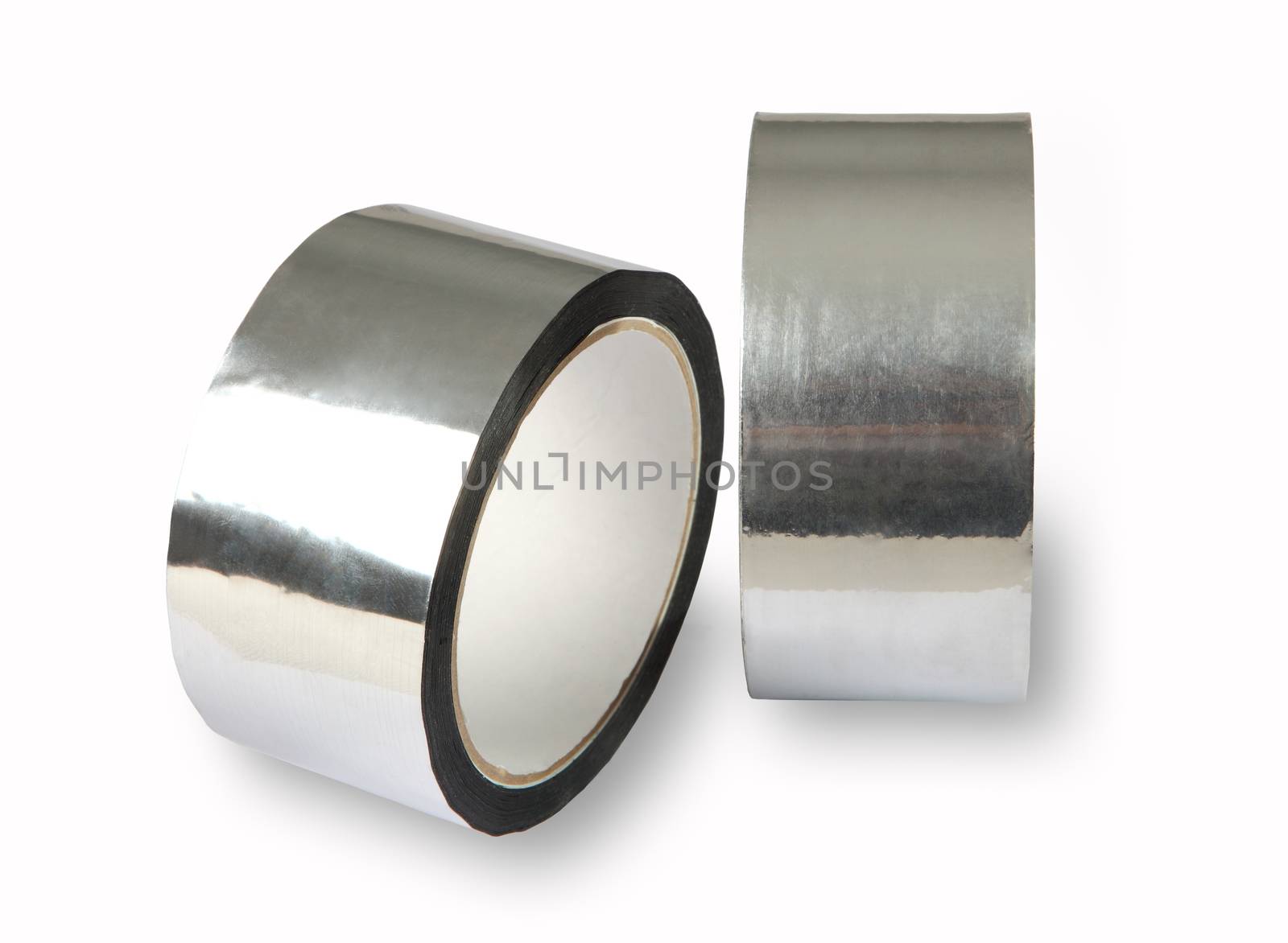 Aluminium adhesive tape, metal-foil adhesive tape,  photo of two rolls with a metallic sheen, isolated image on a white background. by grigvovan