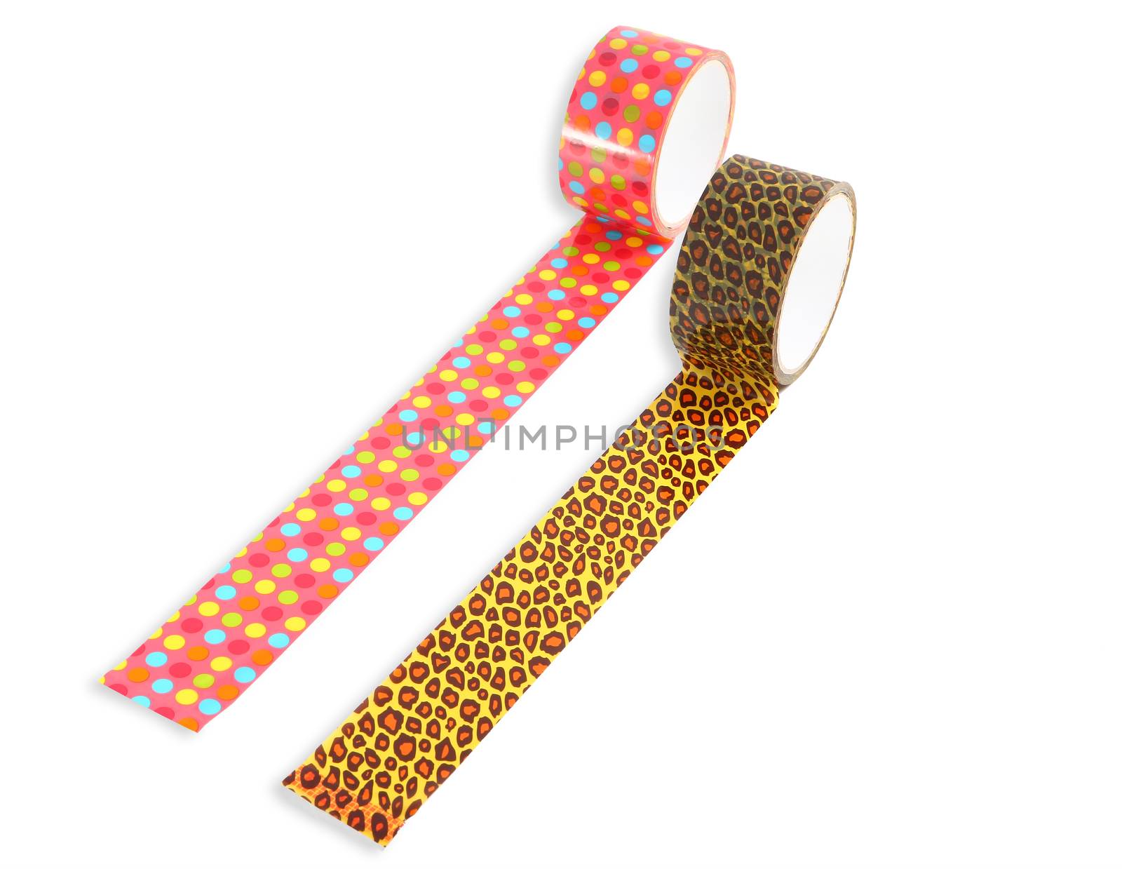 Two rolls of packing tape, Spotted Leopard  Duct Tape, tape rainbow, multi-colored polka-dot pattern, isolated image on a white background. by grigvovan