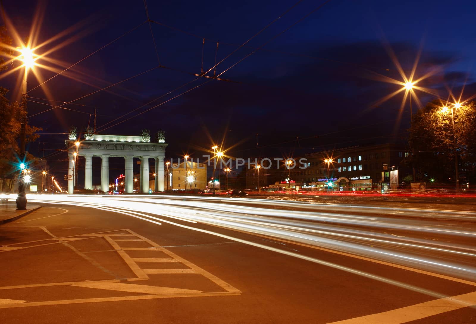 St-Petersburg, Russia: Moskovsky avenue, Moscow gate, night. ST-PETERSBURG, RUSSIA - SEPTEMBER 25: Moskovsky Prospekt, Moscow gate, night lights, street lights, September 25, 2009, a horizontal picture. by grigvovan