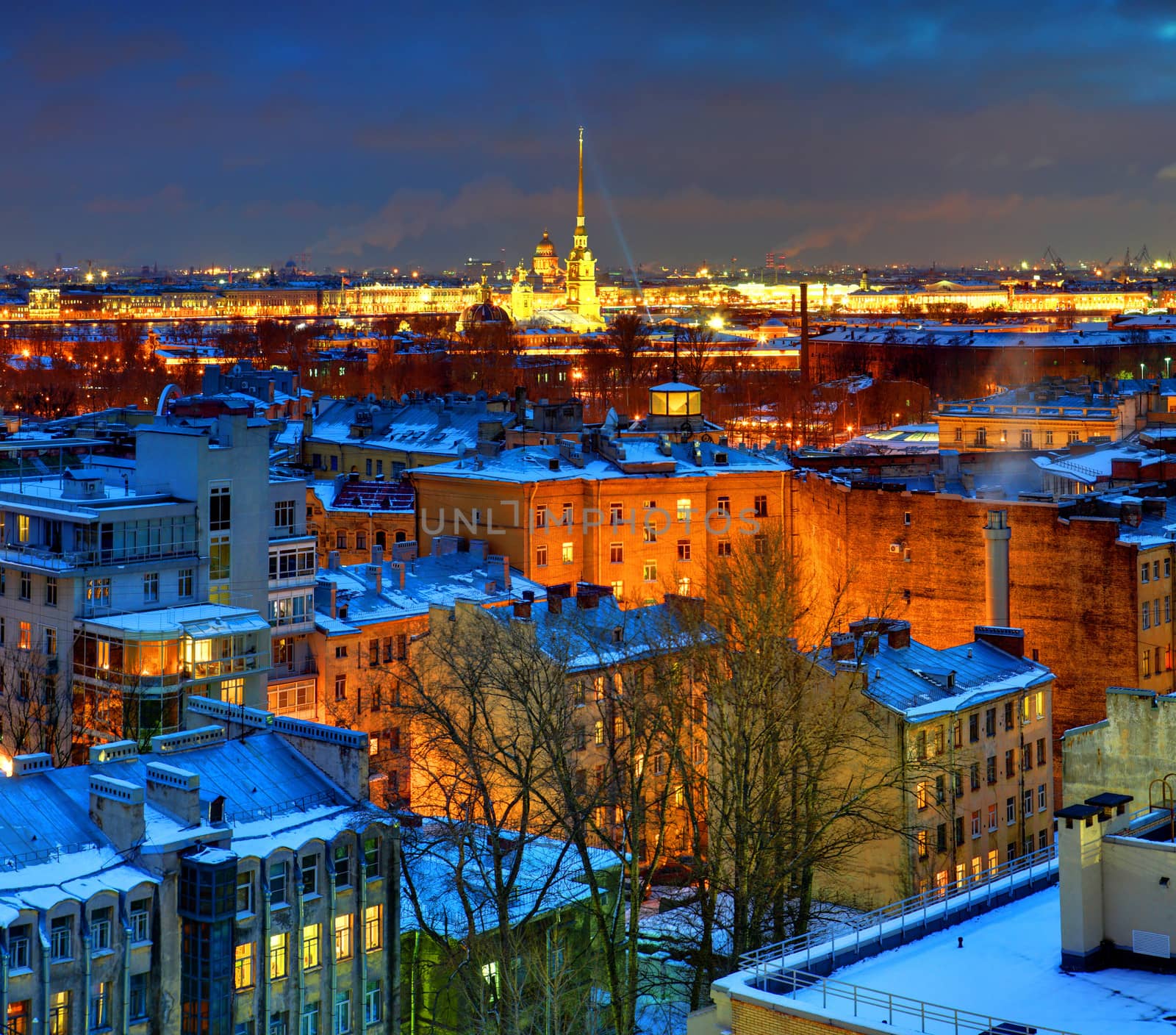 ST-PETERSBURG, RUSSIA - JANUARY 16:  View from above the city at night, January 16, 2012. Residential neighborhood in the historic center. Cathedral of Peter and Paul Fortress in St. Petersburg