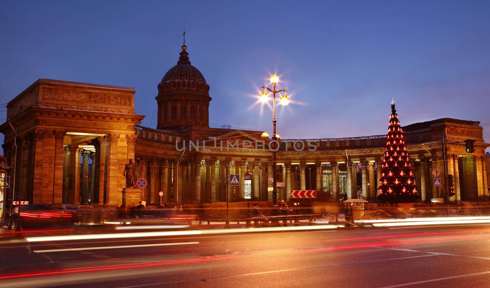 The Russian Federation, Saint Petersburg, Kazan Cathedral in the evening light. Christmas decorations of the Russian city. by grigvovan