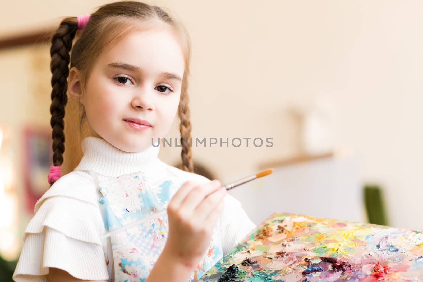 portrait of a girl standing next to his easel, a drawing lesson