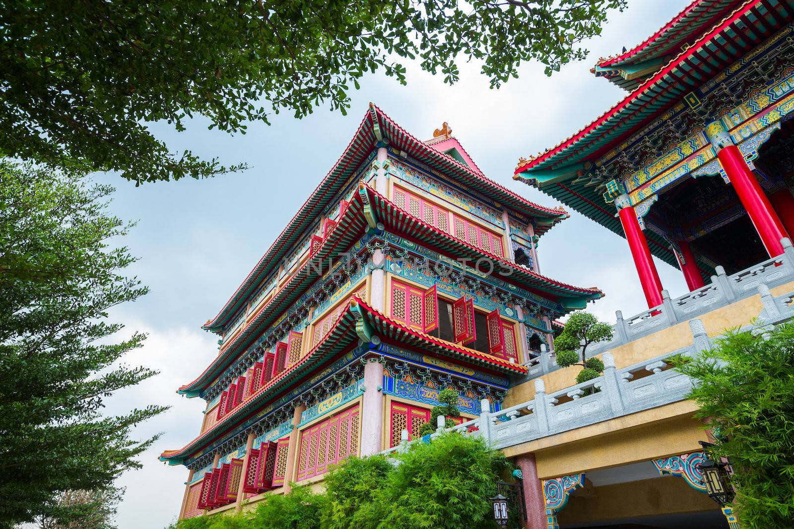 Beautiful chinese temple in Thailand with blue sky and green tree surrounded