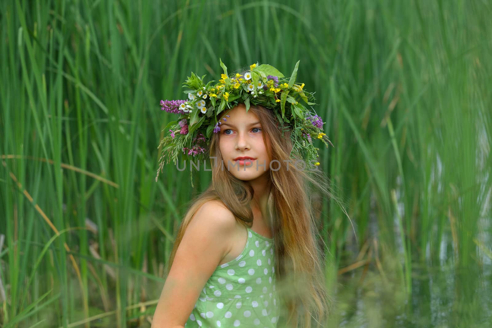 Clouse-up spring portrait beautiful girl with wreath of flowers