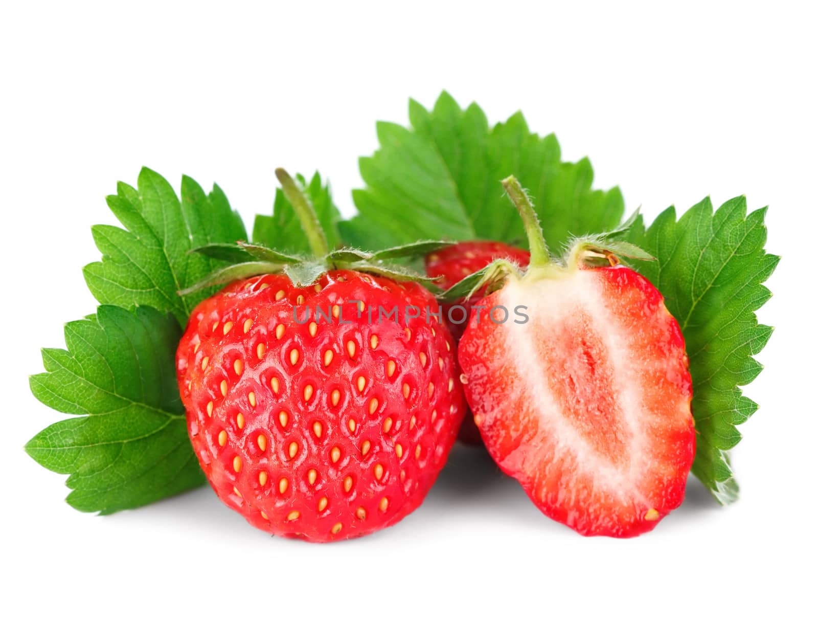 Beautiful ripe red fresh appetizing strawberries with leaves. Isolated on a white background.