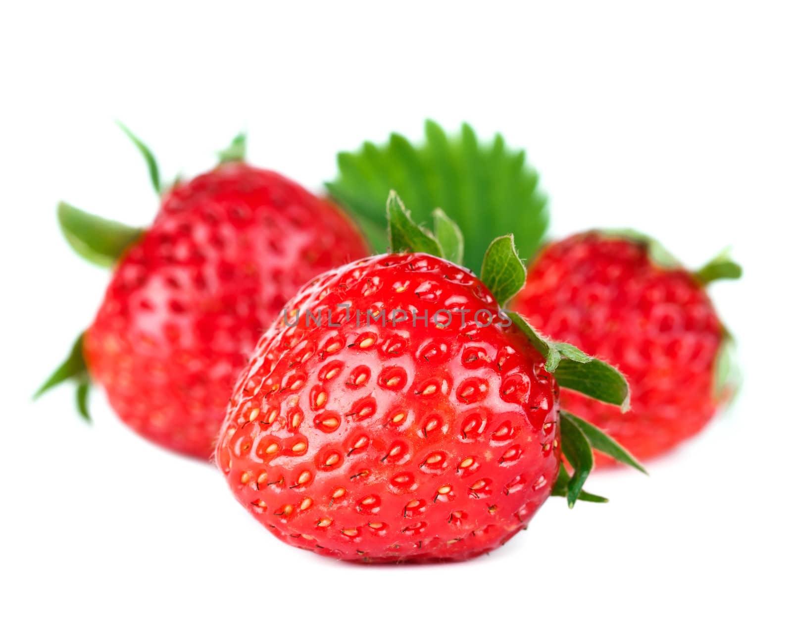 Beautiful ripe red fresh appetizing strawberries with leaves. Isolated on a white background.