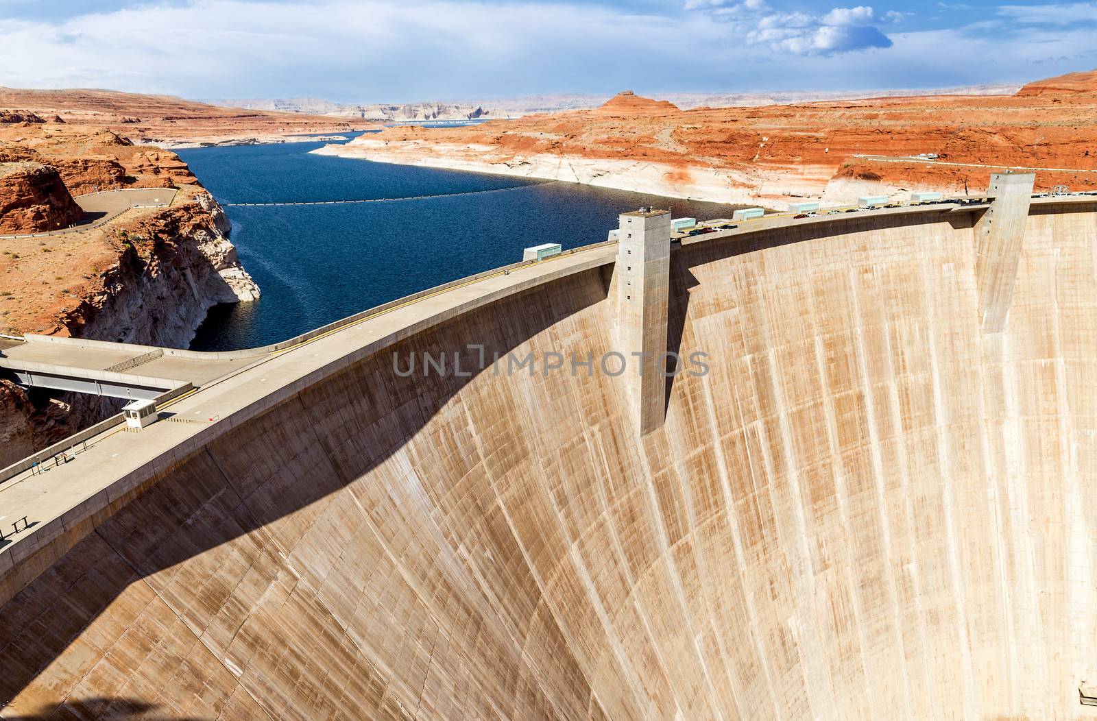 View of Glen Canyon Dam and Lake Powell near Page in Arizona USA. 