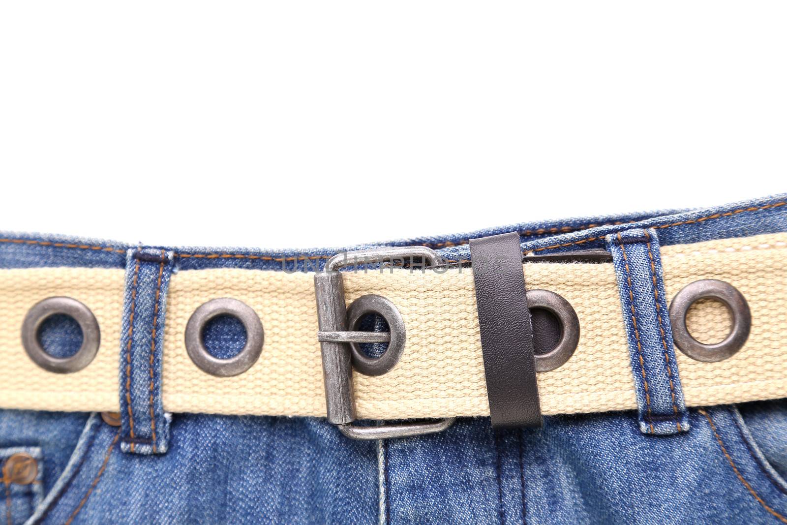 Blue jeans and leather white belt on the white background