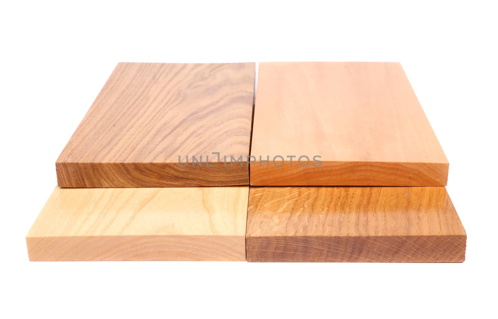 Four wooden plank close-up are located on the white background