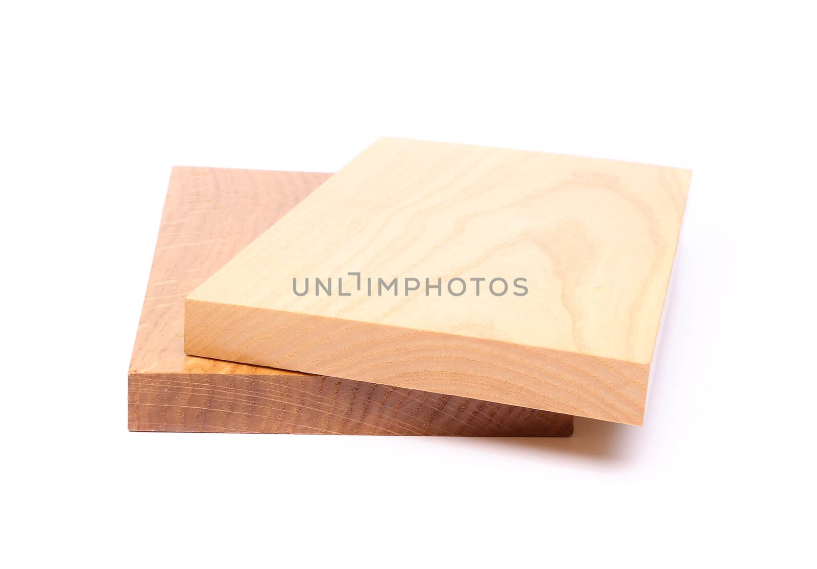 Two wooden plank close-up are located on the white background