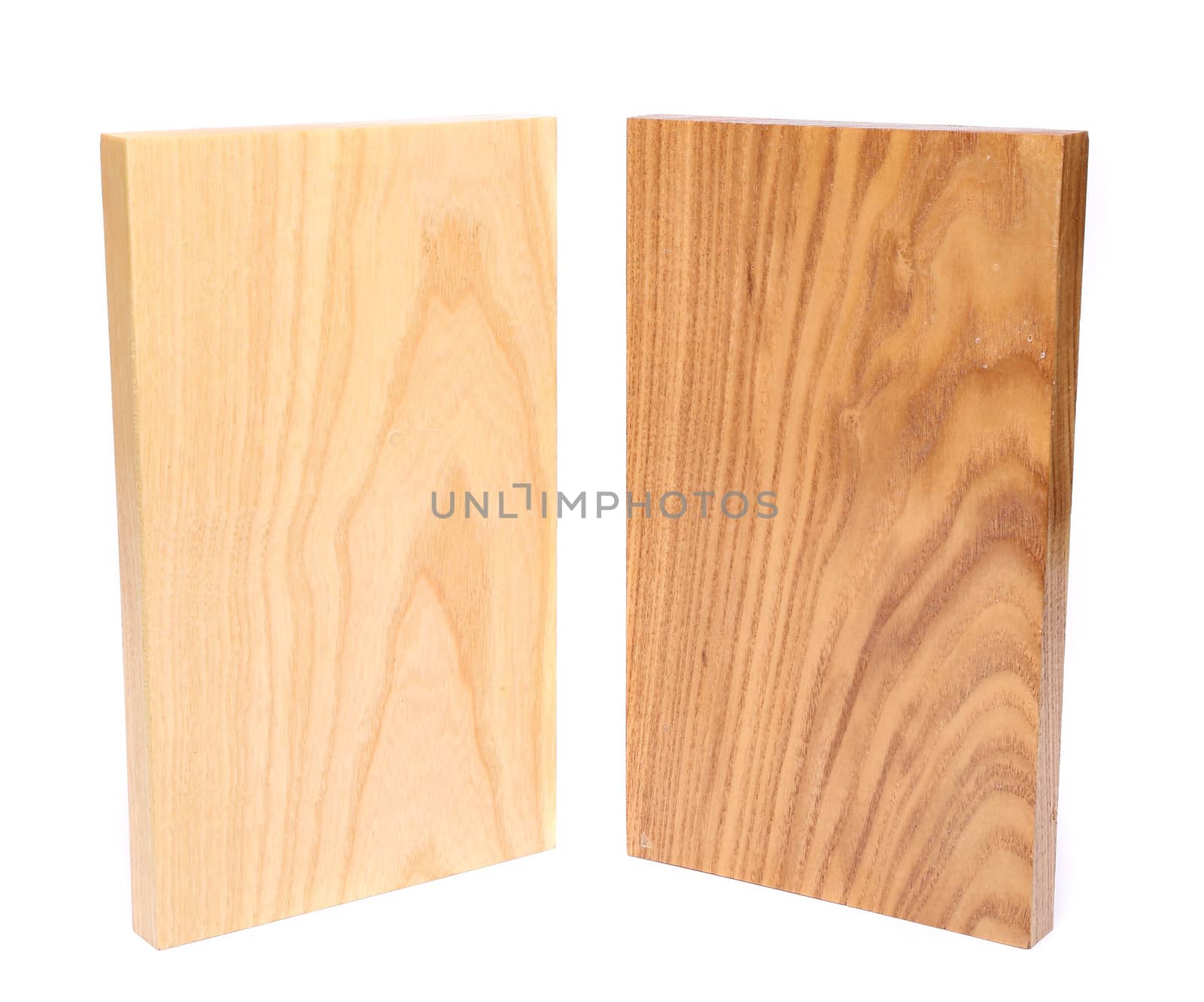 Two wooden plank close-up are located on the white background