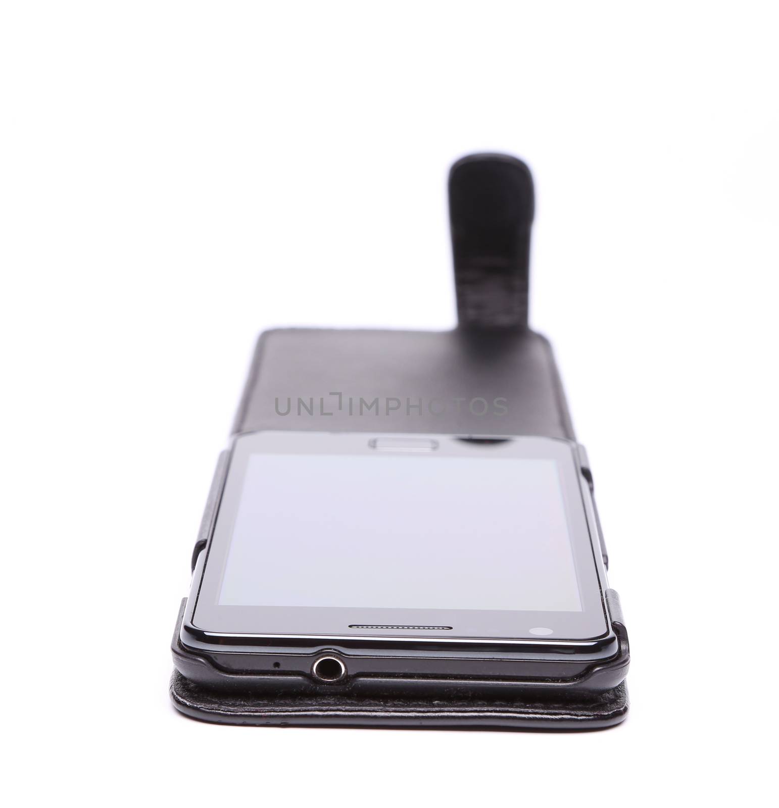 Mobile phone in its case over white background