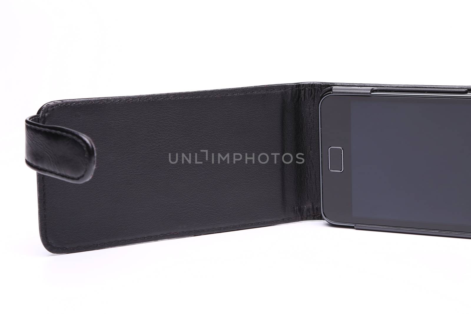 Mobile phone in its case over white background