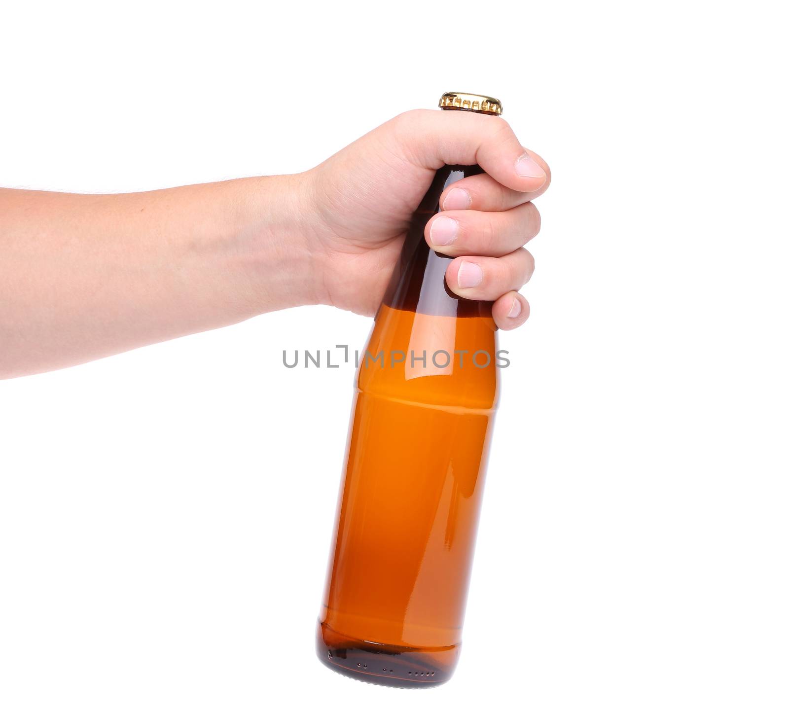 One beer bottle in a hand on the white background