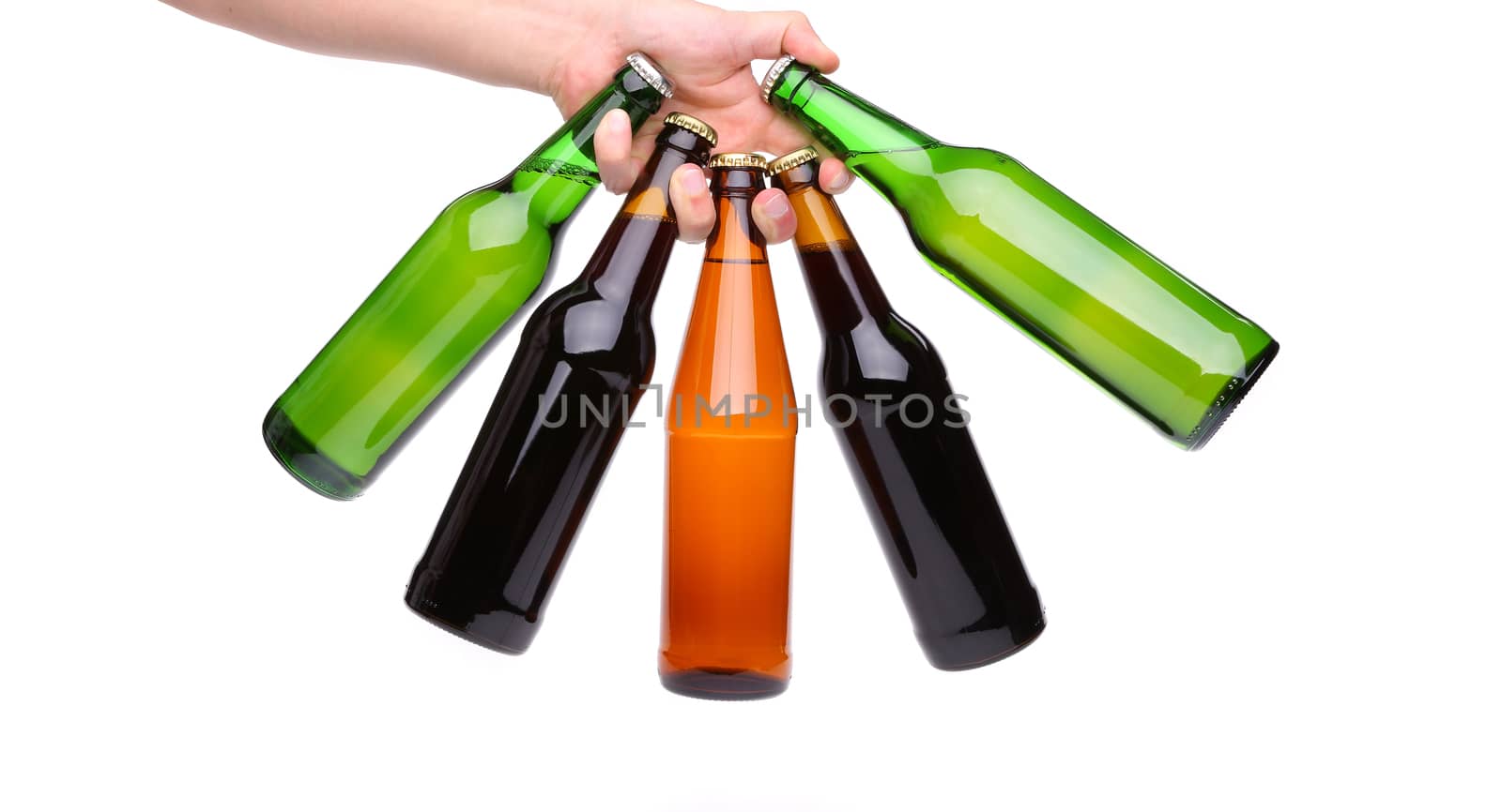 Five beer bottle in a hand on the white background