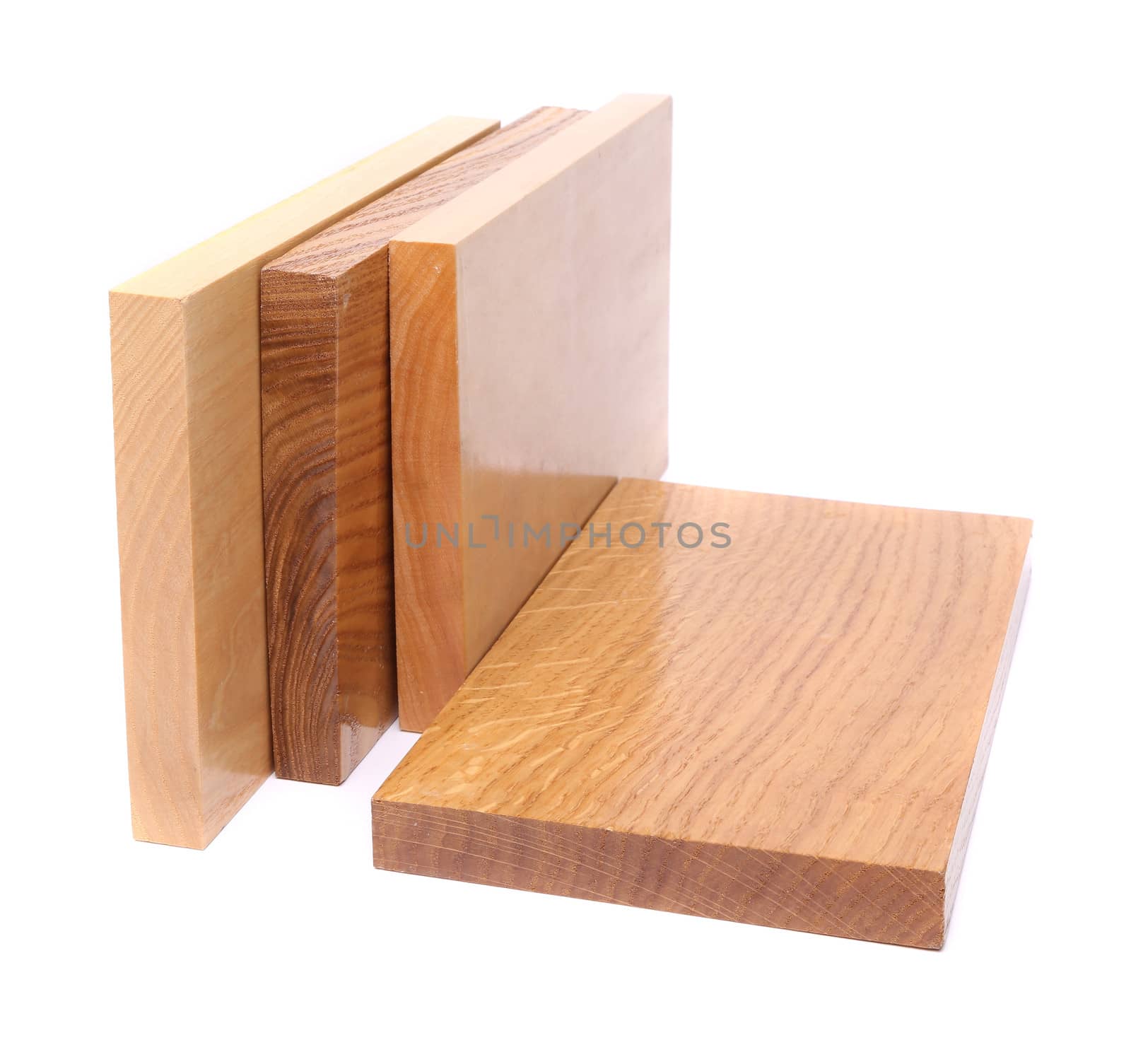 Four wooden plank close-up are located on the white background