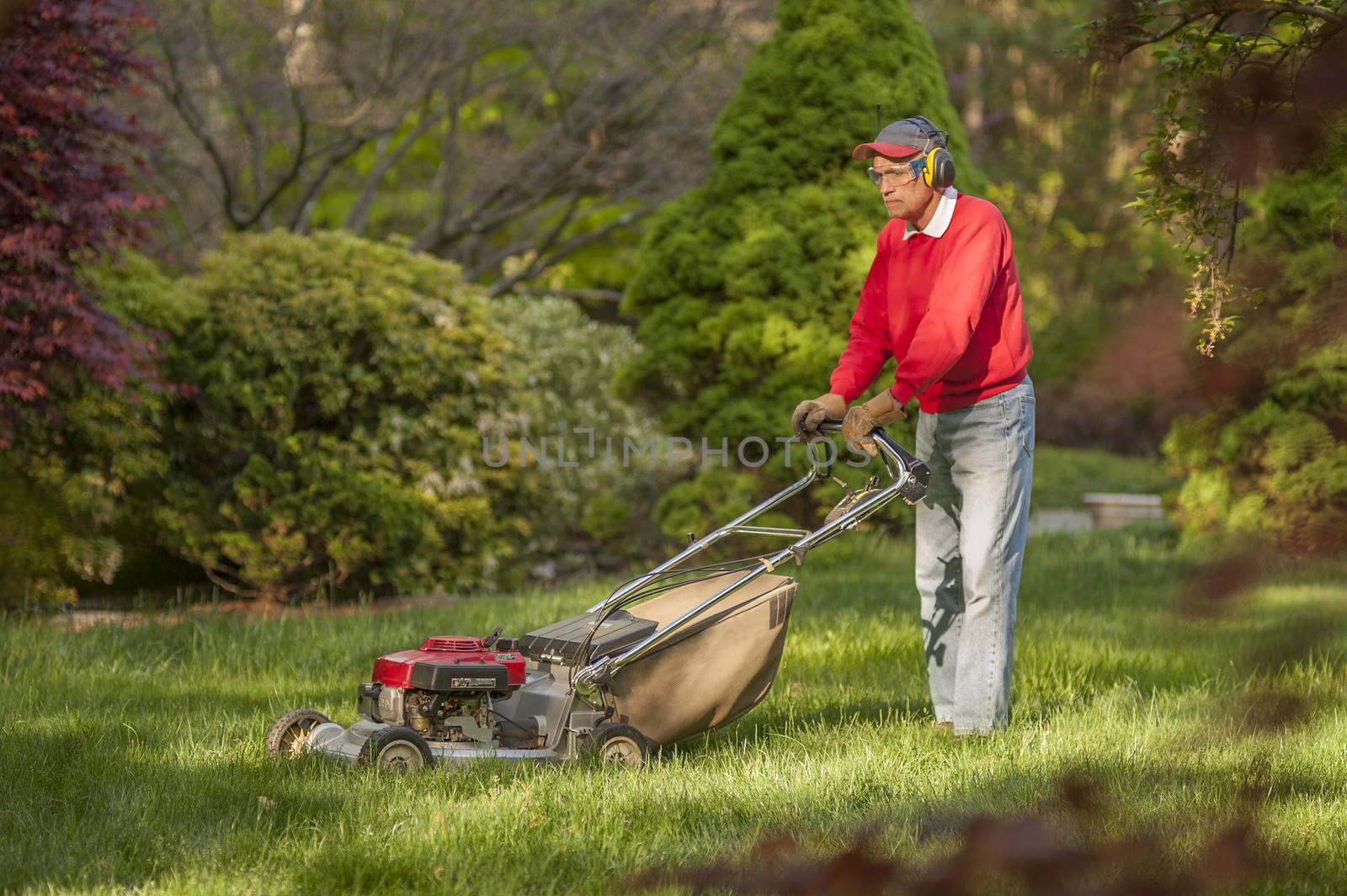 Man mowing the grass in his yard