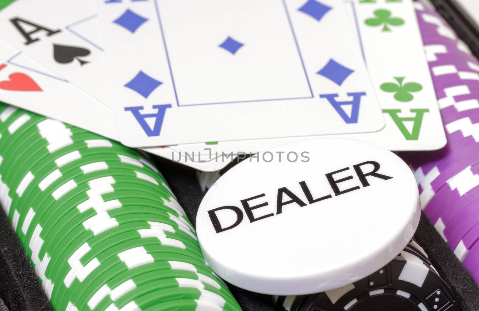 Set of poker chips, cards and dealer button closeup