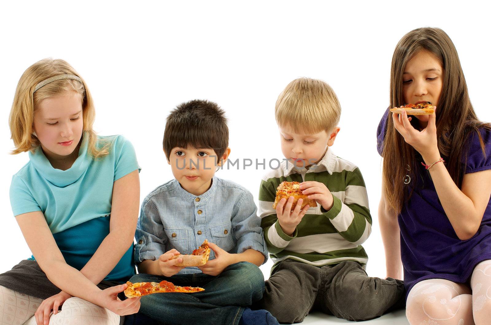 Two Boys and Two Girls Eating Pizza isolated on white background