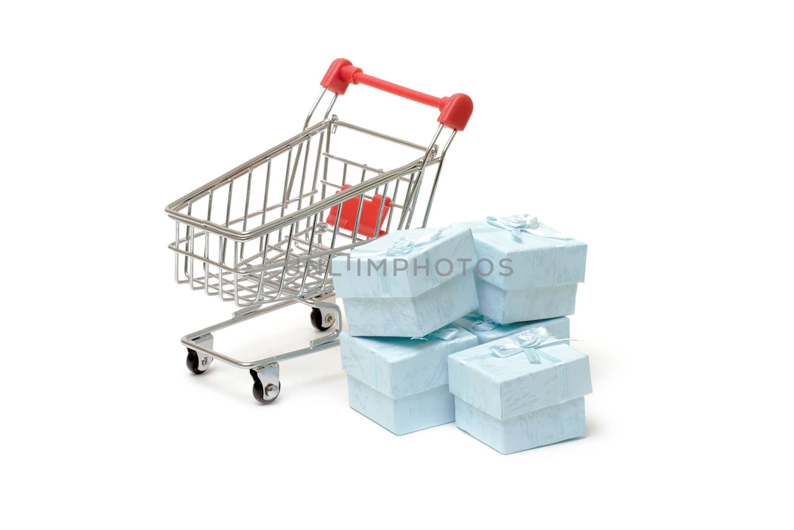 Shopping cart with cyan gift boxes on white
