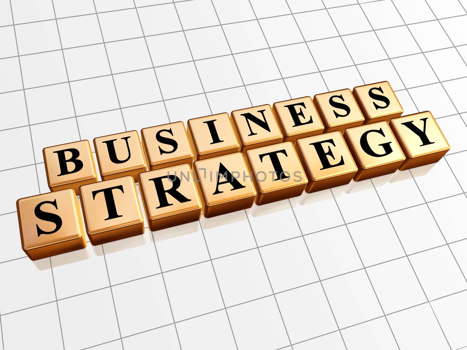 business strategy - text in 3d golden cubes with black letters, business growth concept